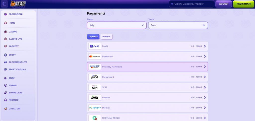 Spinbara Casino pagamento