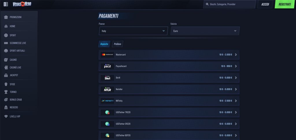 Vegas Hero Casino Opzioni di incasso e prelievo